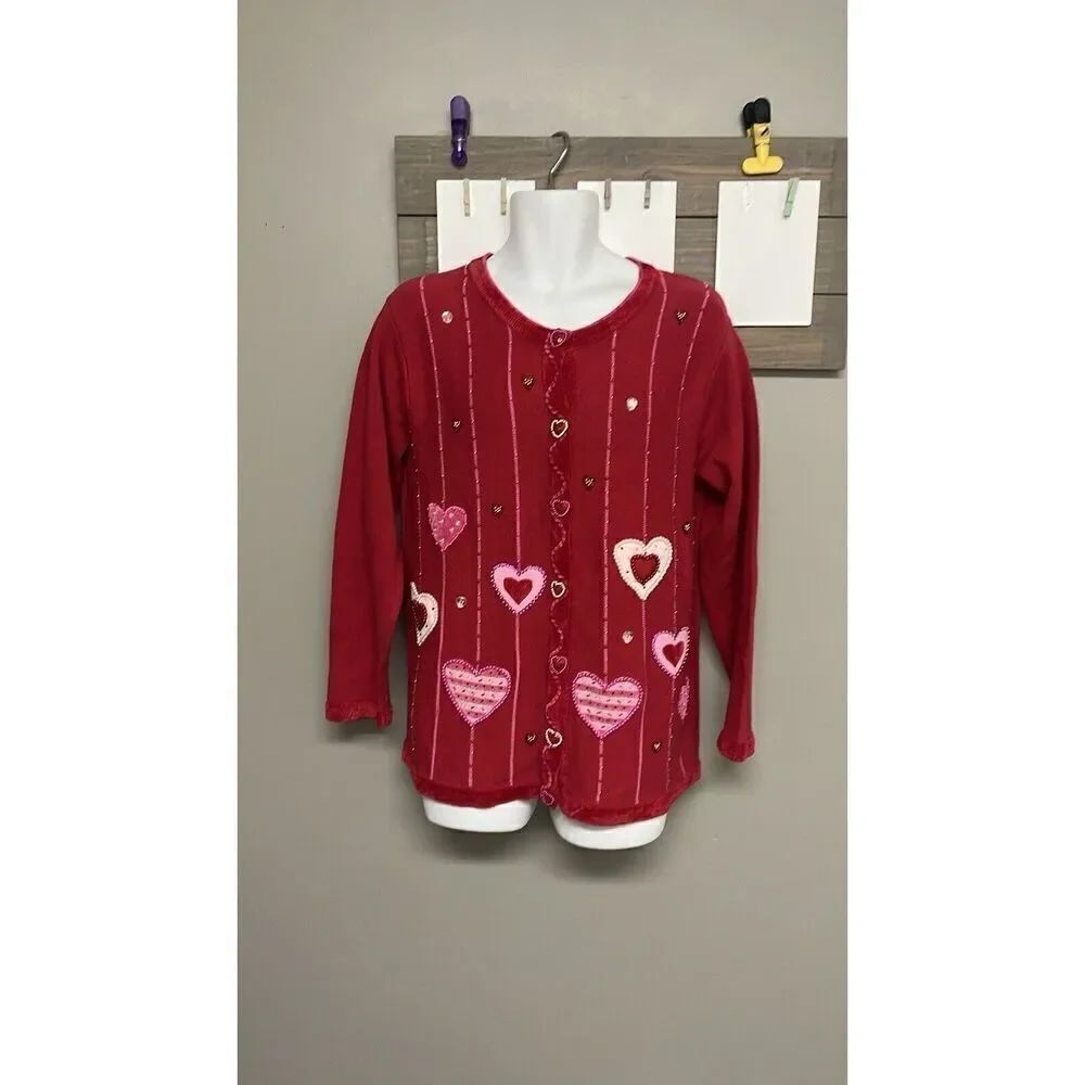The Quacker Factory Valentine Cardigan Sweater Beaded Hearts Red/Pink Medium